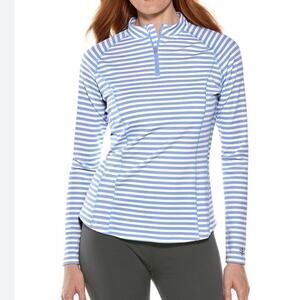 Coolibar Quarter Zip Rash Guard with Long Sleeves White And Blue Striped Small